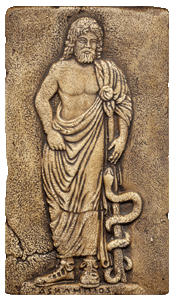 Asclépios dieu grec de la Médecine (il tient le caducée, bâton avec un serpent enroulé rappelant celui de Moïse)
