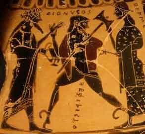 Le dieu Héphaestos entre Dionysos et Hermès